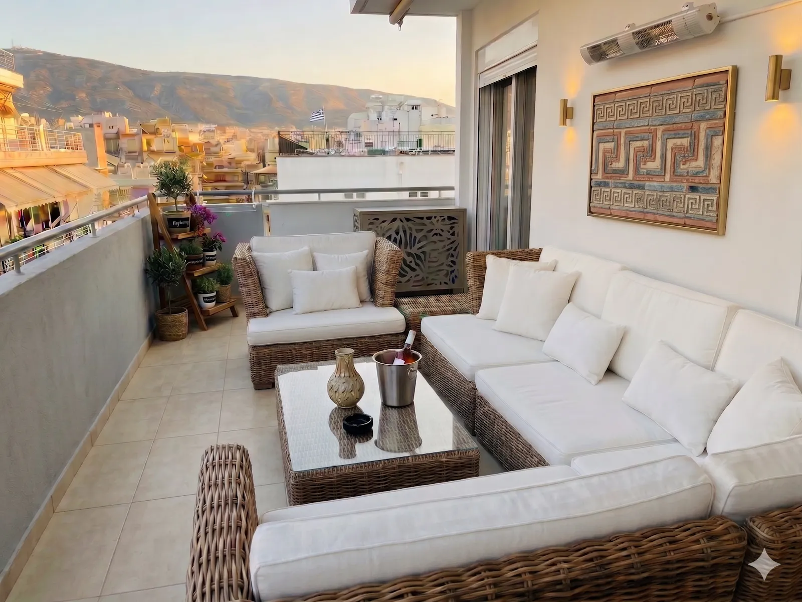 Wraparound terrace with a wicker corner sofa in cream cushions, a glass-topped table with a bottle chilling, potted olive and herbs, and the hills glowing behind the rooftops at sunset.